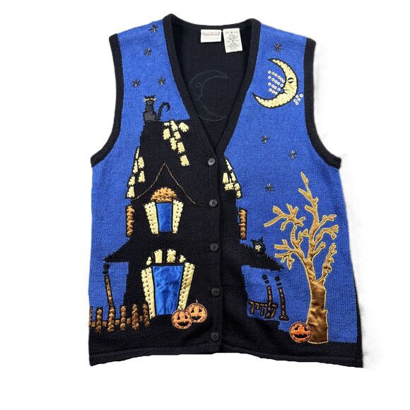 Bobbie Brooks Vintage Halloween Sweater Vest Haunted House Moon Pumpkin Med I160 - Picture 1 of 11